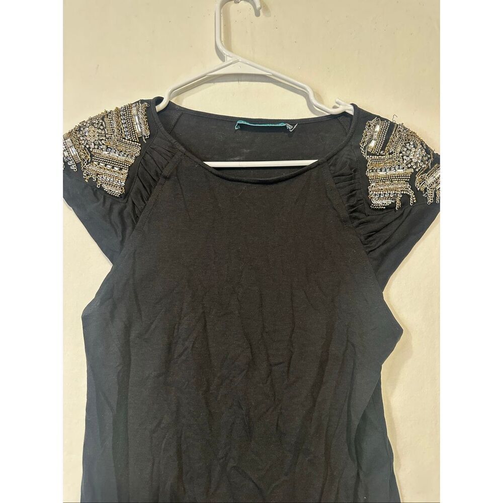 Alice + Olivia Black Embellished Shoulder Tee Top Cap Sleeve Beaded - Picture 2 of 7